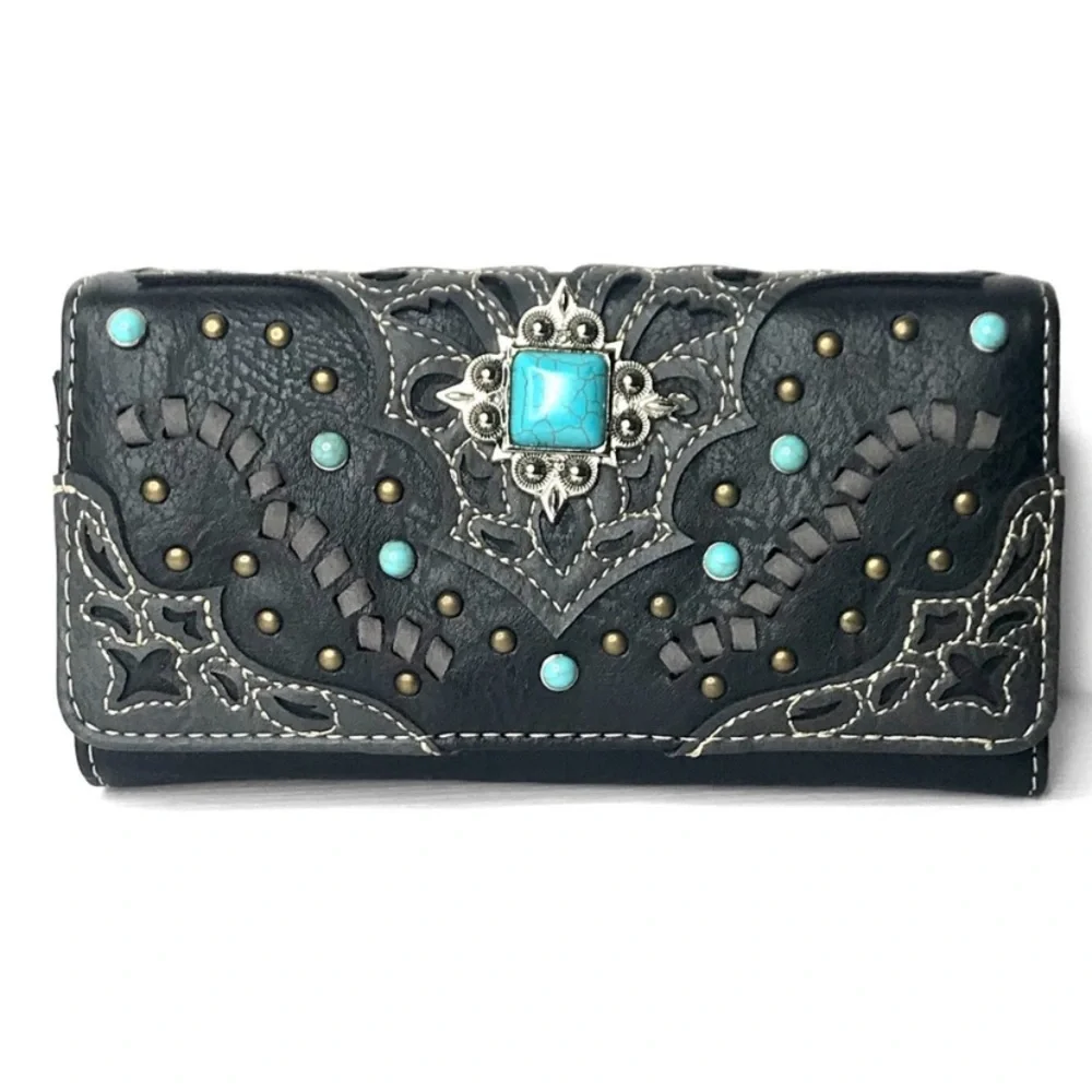 New Hand Tooled Faux Vegan Peta Approved Leather Turquoise Stone Clutch Bag - Picture 2 of 6